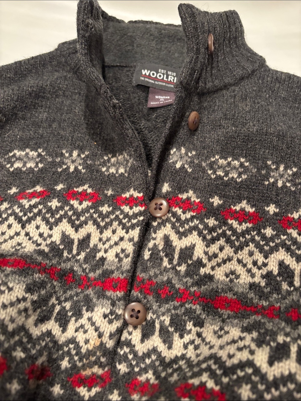 Woolrich Charcoal Gray Fair Isle Cardigan with Red and Cream Pattern